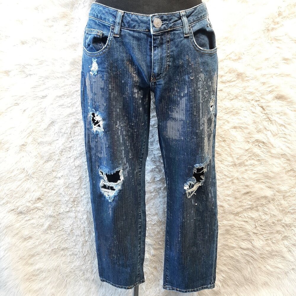 Guess Boyfriend Metallic Glitter Cropped Leg Ripped Denim Pants US26